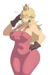 ... 1girls blonde_hair blue_earrings breasts cleavage closed_eyes crown earrings female gloves hand_on_hip hand_on_own_hip large_breasts leedraw11 long_hair mario_(series) nintendo overalls overalls_only pink_overalls princess_peach shiny_skin simple_background solo solo_female solo_focus thighs white_background