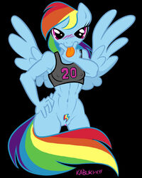 abs blush breasts clothes cutie_mark equine female friendship_is_magic horse kabuki_homewood looking_at_viewer my_little_pony pegasus pubic_hair pussy rainbow_dash_(mlp) rainbow_hair shirt solo straight_hair tattoo tongue wings