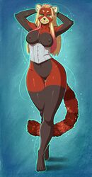 2012 breasts color corset female furry heterochromia pussy red_panda skimpy solo spearfrost standing