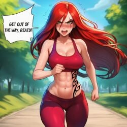 ai ai_generated ai_assisted prussia123 1girls league_of_legends katarina_du_couteau red_hair long_hair sexy sexy_body sexy_female leggings gym_clothes crop_top fit_female fit_body abs scar tattoo green_eyes out_of_breath jogging running text dialogue insulting_viewer angry shouting