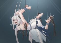 1girls blush bondage breasts breasts_out female laugh liv_(punishing:_gray_raven) pink_eyes punishing:_gray_raven restrained robot_girl rope small_breasts solo tickle_torture tickling white_hair