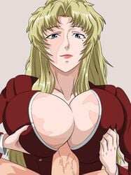 balalaika black_lagoon blonde_hair blue_eyes breasts female igatto large_breasts lipstick long_hair makeup male paizuri penis pixiv_manga_sample scar straight uncensored