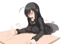 black_hair breasts dildo erect_nipples female huge_breasts kurofudo open_mouth original penetration red_eyes school_uniform schoolgirl simple_background skirt solo tear white_background wink