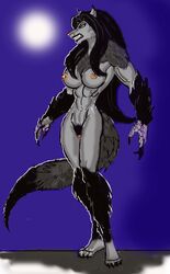 abs anthro anthro_only biceps breasts canine fangs female fur furry moon muscles muscular_female night no_humans nude pubic_hair pussy solo teeth werewolf wolf wolfess