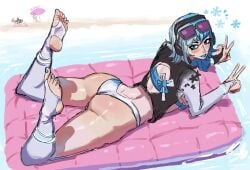1boy 3girls artist_name ass beach bikini_bottom blue-haired_female blue_hair blue_hair_female blush blush_lines double_peace_sign female floatie headphones in_beach laying_on_floatie laying_on_stomach looking_at_viewer luna_snow luna_snow_(cool_summer) luna_snow_(marvel_rivals) male marvel marvel_comics marvel_rivals peace_sign pinup proksuh psylocke psylocke_(sai)_(breezy_butterfly) sea squirrel_girl_(marvel) squirrel_girl_(sunshine_squirrel) stirrup_legwear sunglasses swimsuit tagme venom_(marvel_rivals)