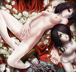 1girls another bare_shoulders barefoot black_hair blood breasts broken_glass doll doll_joints eye_patch feet female flower glass green_eyes highres lace lace-trimmed_thighhighs lying misaki_mei naked_thighhighs navel nipples no_shoes nude on_back petals pubic_hair pussy rail_(silverbow) red_eyes rose short_hair solo thighhighs thorns uncensored vines white_legwear white_rose