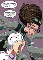 2girls doctor_octopus dubious_consent female forced_open_mouth gwen_stacy imminent_oral imminent_sex marvel marvel_comics mask masked masked_female mechanical_tentacles mouth_hold olivia_octavius open_mouth purpleeyebags