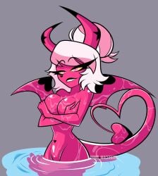 bare_shoulders biting_lip covered_nipples covering demon demon_girl demon_horns demon_tail demon_wings female hair hair_bun helluva_boss horn long_hair naked nude pink_body pink_eyes pink_hair tagme tagme_(artist) tail verosika_mayday_(helluva_boss) vivienne_medrano voluptuous water wet wide_hips wings yellow_sclera