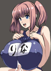 blue_eyes breasts censored cum cum_in_clothes erect_nipples female huge_breasts kloah male paizuri paizuri_under_clothes penis penis_under_clothes pink_hair school_swimsuit simple_background straight swimsuit text tied_hair translation_request twintails