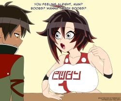 1boy 1girls boobs?_wanna_touch_boobs? breasts english_text female gym_uniform huge_breasts interracial light-skinned_female light_skin looking_at_another looking_at_breasts male meme oscar_pine ruby_rose rwby straight tan-skinned_male tan_skin tkb_nsfw