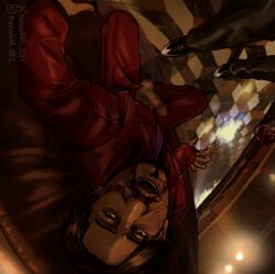 balls beard black_eyes black_hair blood_in_mouth blood_on_face climax clothed clothing couch couch_sitting cum cum_drip erection gay genital_fluids leaning_backward majima_goro male male_focus male_only nishitani_homare out_of_frame penis penis_out penis_out_of_pants pleasure_face pleasured pubes pubic_hair red_suit rolling_eyes ryuu_ga_gotoku ryuu_ga_gotoku_0 tagme yakuza_(series) yaoi