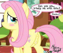 anatomically_correct animal_genitalia animal_pussy animal_vulva anus ass blush detailed_background dialogue dock_(anatomy) english_text equid equine equine_anus equine_genitalia equine_pussy equine_vulva female feral fluttershy_(mlp) friendship_is_magic genitals hasbro hi_res horse looking_back mammal mistressmidnight my_little_pony mythological_creature mythological_equine mythology on_model pegasus pony presenting presenting_hindquarters puffy_anus pussy raised_tail requesting sex_request solo tail text vulva wings
