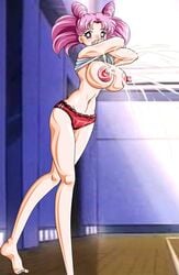 bikabika bishoujo_senshi_sailor_moon breasts chibi_usa clothing female gym_uniform highres lactation large_breasts pink_hair red_eyes shirt shirt_lift tied_hair topless twintails