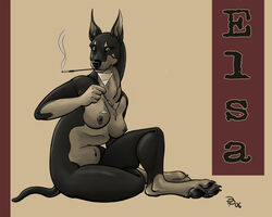 2006 alcohol anthro breasts canine cigarette doberman female female_only fur furry green_eyes looking_at_viewer necklace nude piercing plain_background silber solo