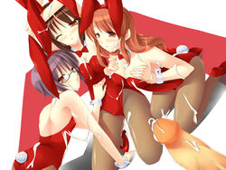 1boy 3girls animal_ear asahina_mikuru blush breasts bunny_ear bunny_girl censored cum female highres large_breasts long_hair multiple_girls nagato_yuki pantyhose short_hair suzumiya_haruhi suzumiya_haruhi_no_yuuutsu tsumugisou wrist_cuffs