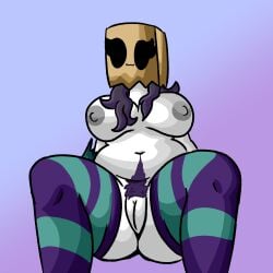 1girls alternate_version_available belly belly_button breasts carpet_matching_drapes chetoh chubby chubby_female claire_(chetoh) close_(chetoh) commission commissioner_upload completely_nude egg female female_focus female_only fusion fusion_character gradient_background grey_nipples hair happy_trail looking_at_viewer multicolored_stockings naked naked_female nipples nude nude_female oc original original_character paper_bag paper_bag_on_head pubic_hair purple_hair purple_hair_female purple_pubic_hair pussy rose_(chetoh) sitting smile smiling smiling_at_viewer spread_legs stockings white_body