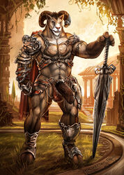 1boy armor big_penis bighorn bulge cheetahpaws full-length_portrait full_length male male_only muscles penis portrait ram shawn_ye sheep solo standing sword unconvincing_armor warrior weapon