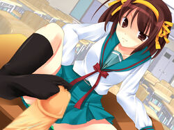 blush brown_hair censored feet female footjob highres school_uniform short_hair socks suzumiya_haruhi suzumiya_haruhi_no_yuuutsu tsumugisou