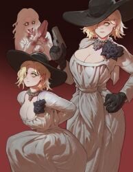 2d 2girls 7:9 absurdres alcina_dimitrescu alcina_dimitrescu_(cosplay) big_breasts black_flower black_hat black_rose blonde_female blonde_hair blood_in_mouth blood_on_hand blood_stain breasts cleavage colored_sclera corsage cosplay dress female female_only flower grace_ashcroft grace_ashcroft_(dimitrescu_costume) grace_ashcroft_(fbi_outfit) grey_body grey_skin grey_skinned_female gun handgun hat highres horny_female jewelry large_breasts light_hair long_dress meme multiple_girls necklace official_alternate_costume open_mouth own_hands_together pacpoi pale-skinned_female pale_skin pearl_necklace pistol red_sclera resident_evil resident_evil_9:_requiem rose selena_corey smile smiling smiling_at_partner sun_hat sweating tongue tongue_out undead undead_female weapon white_dress white_hair white_iris yellow_eyes zesty_sonic_(meme) zombie zombie_girl
