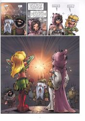 2girls big_breasts black_hair blonde_hair breasts comic comic_page dwarf dwarf_male elf elf_female female flashing flashing_breasts french french_text male nipples text the_dungeon_of_naheulbeuk the_elf_(naheulbeuk) the_priestess_(naheulbeuk)