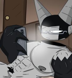bed big big_breasts breasts chilling female fundamental_paper_education fundamental_paper_education_oc glasses lesbian masculine muscular phone