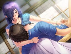 1boy aoi_nagisa_(artist) breast_sucking cum cum_on_body cum_on_clothes cum_on_upper_body female handjob kitada_yuriko nursing_handjob okaa-san_ga_ippai penis shirt_lift