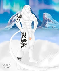 1boy anthro aurora_borealis feline fur furry glacier hunterramirez lion long_tail male male_only penis snow solo tattoo tribal_tattoo white_fur