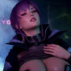 1girls ai_assisted ai_generated animated ayane_(doa) boob_window breasts dead_or_alive female female_only grok hand_on_breast lips lipstick looking_at_viewer neon_lights neon_sign ninja_gaiden ninja_gaiden_4 outdoors pulling_clothing purple_hair red_eyes red_light seductive seductive_look seductive_smile smile smoke tagme tongue tongue_out video