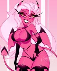 bare_shoulders bikini breasts bunskizz cleavage demon demon_girl demon_horns demon_tail demon_wings eyelashes female gloves helluva_boss horn long_hair looking_at_viewer pink_body pink_eyes pink_hair revealing_clothes smile stockings succubus tagme tagme_(artist) tail thick_thighs verosika_mayday_(helluva_boss) vivienne_medrano voluptuous wide_hips wings yellow_sclera