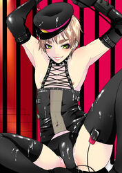 armpits arms_up arthur_kirkland axis_powers_hetalia blush bondage collar cum england_(hetalia) gloves hat jewelry male naughty_face necklace piercing samu. smile smirk spikes spread_legs thighhighs trap vibrator yaoi