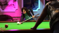 big_ass big_breasts big_butt biker biker_clothes billiard_table breasts brown_hair cigar cigarette cue_stick dark_hair female glasses harness heartist3d lara_croft lara_croft_(survivor) leather leather_clothing leather_harness leather_jacket leotard looking_over_eyewear looking_over_sunglasses night pool_table smoke smoking sunglasses tinted_eyewear tomb_raider tomb_raider_(survivor)