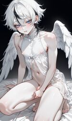 1boy 1femboy ai_generated angel angel_boy angel_wings ariel_(protocat) bare_arms bare_legs bare_shoulders barefoot bed blue_eyes blush crossdressing crossdressing_male cute cute_face cute_male femboy femboy_focus feminine feminine_faced_male feminine_male flat_chest gay gown looking_at_viewer male multicolored_hair nightgown nipple_bulge nipple_outline nipples nipples_visible_through_clothing nudity on_bed pale-skinned_femboy pale-skinned_male pale_skin penis practically_nude protocat see-through see-through_clothing see-through_top sheer sheer_clothing shy shy_expression skinny sleeveless small_penis