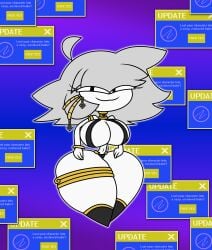 :3 black_sling_bikini blue_background collar collared diamond_(gem) enslaved error_message female gold_jewelry grey_hair hair_jewelry hands_on_hips la-artist322_(artist) looking_at_viewer movi_(elrubifantasma) narrowed_eyes purple_background self_upload shaded_background slave slave_bikini slave_collar slave_girl slave_outfit smug_face update virus virus_girl white_body