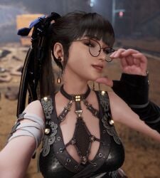 3d eve_(stellar_blade) fellatio_gesture game_screenshot glasses looking_at_viewer ponytail selfie stellar_blade tongue_out