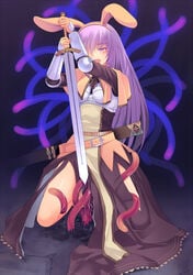 ambiguous_penetration armor arms_up blush bunny_ear character_request clothes covered_penetration dress female fireflysnow highres implied_penetration implied_sex long_hair open_mouth purple_hair ragnarok_online sex_under_clothes sex_under_dress sword swordman swordsman swordsman_(ragnarok_online) tear tentacle tentacle_under_dress tentacles_under_clothes weapon