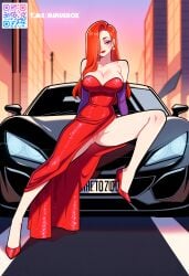 1_girl ai_generated black_sports_car evening full_body girl_sitting_on_the_hood_of_a_car jessica_rabbit legs_spread no_panties pussy red_dress sequined_dress sports_car street