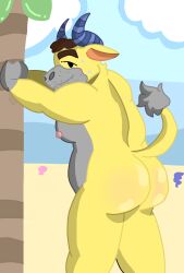 absurd_res animal_crossing anthro ass bodily_fluids bovid bovine cattle coach_(animal_crossing) hi_res male male/male mammal muscular muscular_anthro muscular_male nintendo nipples public public_nudity slightly_chubby solo sweat wotter_bottle_(artist)