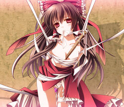 bare_shoulders between_breasts blush bondage bow breasts brown_hair cleavage female female_only gohei hair_tubes hairbow highres human long_hair moneti_(daifuku) mouth_hold object_between_breasts panties pussy_juice red_eyes reimu_hakurei sex_toy solo textless touhou underwear white_panties