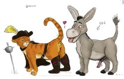 <3 10s 2010 2010s absurd_res anthro balls belt blush boots cape chiro crossover digital_drawing_(artwork) digital_media_(artwork) domestic_cat donkey donkey_(shrek) doodle dreamworks equine erection felid feline felis feral gay green_eyes grey_body grey_fur hat heart hi_res kisu male_only orange_body orange_fur p3ntavus penis puss puss_in_boots_(dreamworks) shrek_(series) shrek_2_(2004) sword tagme wuffe yaoi