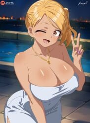 1girls ;d absurdres artist_name blonde_hair blurry breasts brown_eyes cleavage collarbone commentary cowboy_shot depth_of_field dress english_commentary high_side_ponytail highres hmangadd jewelry komi-san_wa_komyushou_desu lone_nape_hair looking_at_viewer manbagi_rumiko necklace night one_eye_closed open_mouth outdoors patreon_logo patreon_username pink_nails pool signature smile solo standing strapless strapless_dress three-quarter_sleeves tile_floor tiles v white_dress