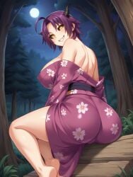 ahoge ai_generated ass azuma_marina bare_shoulders big_ass big_breasts black_sclera breasts cleavage demon demon_girl female forest glowing_eyes grin huge_ass huge_breasts isogil kashidashi_tsuma_marina_no_"netorase"_houkoku_binkan_tsuma_to_zetsurin_daigakusei kimono night night_sky partially_clothed partially_undressed purple_hair seductive sexy_pose sharp_teeth shiny_skin short_hair smile stripping thick_thighs thighs undressing yellow_eyes