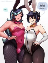 1boy 1boy1girl 1girls 2d bunny_boy bunny_ears bunny_girl bunnysuit butterflan01 cayden_(butterflan01) clothed dialogue digital_media femboy fishnet_legwear fishnets flat_chest kilo_(megablade) long_hair_male looking_at_viewer looking_down mostly_clothed oc short_hair_female simple_background small_breasts speech_bubble thighs white_background