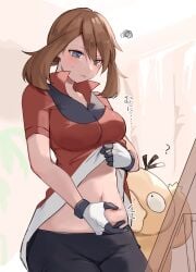 1girls ? belly_grab bike_shorts black_gloves black_shorts blue_eyes breasts brown_hair commentary female gen_1_pokemon gloves highres light_frown may_(pokemon) medium_breasts midriff_peek multicolored_gloves nintendo pokemon pokemon_(creature) pokemon_oras pokemon_rse psyduck red_shirt ririmon self_conscious shirt shorts squiggle translated two-tone_gloves weight_conscious white_gloves