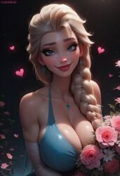 1girls ai_generated aroused blush civitai cleavage disney elsa_(frozen) flowers frozen_(film) happy huge_breasts in_love mamely32 smiling solo valentine's_day