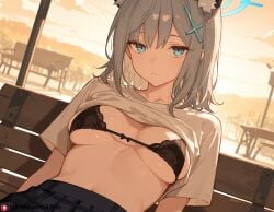 ai_generated bench blue_archive blue_eyes bra breasts grey_hair jitome looking_at_viewer medium_breasts shiroko_(blue_archive) shirt_lift sitting skirt underboob