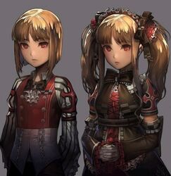 blonde_hair bob_cut bow bowtie chris detached_sleeves dress gothic_lolita hairbow heroes_lore_v maid pointy_chin red_eyes repi987 tiana_(heroes_lore) tied_hair twintails