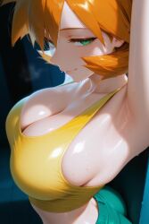 ai_generated armpits arms_behind_head arms_up ass asymmetrical_hair bangs bare_arms bare_shoulders blush bodily_fluids bra breasts clavicle cleavage closed_mouth clothing crop_top female female_only green_eyes hair_between_eyes huge_breasts indoors kasumi_(pokemon) large_breasts looking_at_viewer midriff misty_(pokemon_hgss) navel orange_hair pants pokemon pokemon_character pokemon_gsc pokemon_hgss ponytail shiny shiny_hair shiny_skin shirt short_hair short_shorts shorts side_ponytail sideboob sleeveless sleeveless_shirt smile solo sports_bra sportswear sweat tank_top thighs tied_hair underwear upper_body yellow_shirt yellow_tank_top