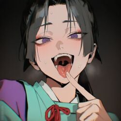 1boy artist_request femboy finger hojo_tokiyuki looking_at_viewer mukurout nige_jouzu_no_wakagimi pov pov_eye_contact purple_eyes saliva solo solo_male teeth the_elusive_samurai tongue tongue_out trap