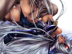 anus blue_eyes breasts censored cg dark_skin erect_nipples grey_hair highres long_hair open_mouth penetration penis sentou_kaiiki sex t-elos tongue_out vaginal_penetration xenosaga