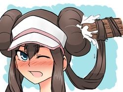 blue_eyes blush brown_hair bunjob cum cum_in_hair double_bun female hair_fetish hairjob hat human male penis pokemon pokemon_bw2 rosa_(pokemon) straight uncensored visor